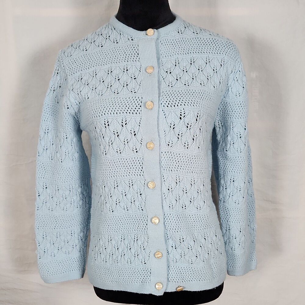 Vtg 1970s Rosanna Wintuk Blue Knit Cardigan Orlon Acrylic Round Neck Sweater